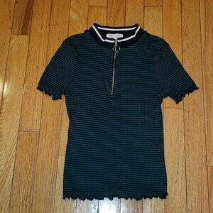Flirt Juniors Size Medium Green Stripe Mid Zip Ruffle Short Sleeve Top